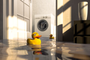 Residential water damage caused by defective washing machine. Shallow depth of field Cg-image.