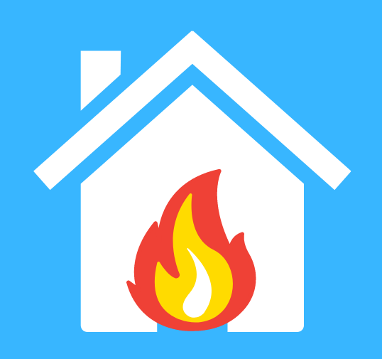 A white house on a blue background with a fire flame in the middle.