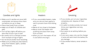 Images of a candle, electric heater and a cigarette with information below describing hoe each aspect can prevent fires in your house.